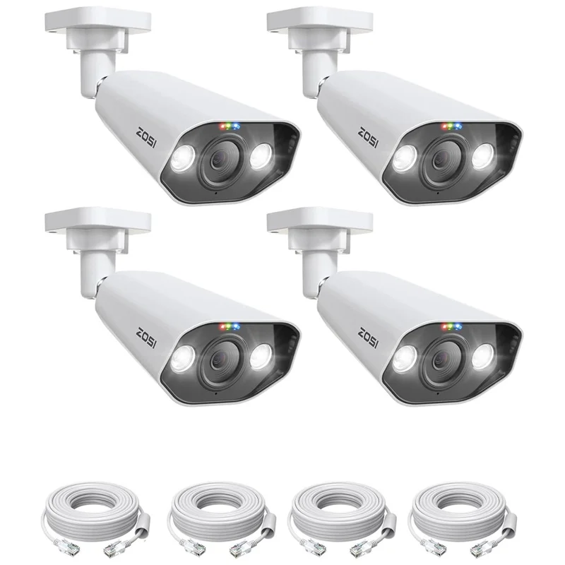 ZOSI 4 stk. 4K PoE tilføjelseskamera 8MP AI menneske- og køretøjsdetektion vandtæt farve-natlys overvågningskamera - Hvid
