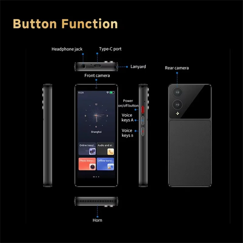 S20 Pro AI Language Translator 5 Inch HD Screen 148 Languages Real Time Voice Translation Device for Travel Business Learning - Black