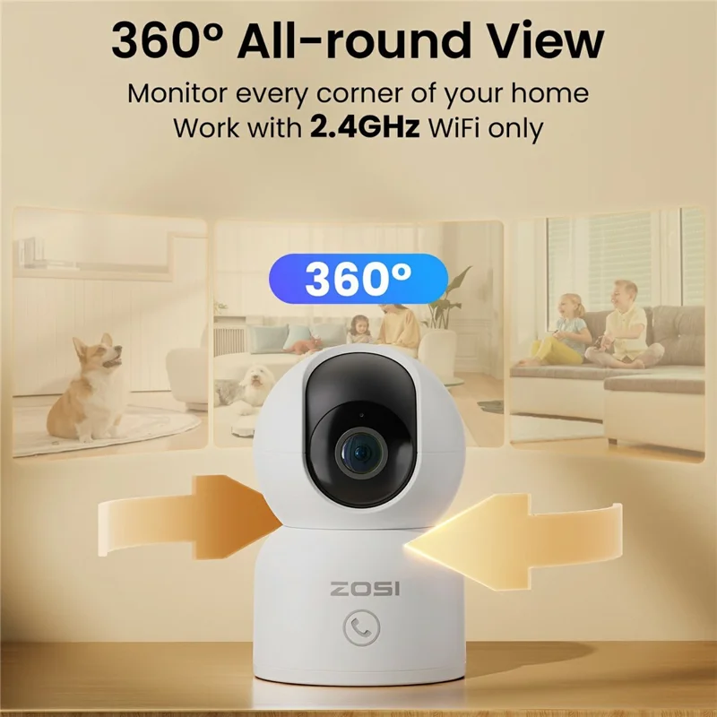 ZOSI C518 1080P Security Camera 2MP Indoor WiFi Pan Tilt AI Human Detection Auto Tracking Night Vision Two-Way Audio Safety Camera - White  /  EU Plug