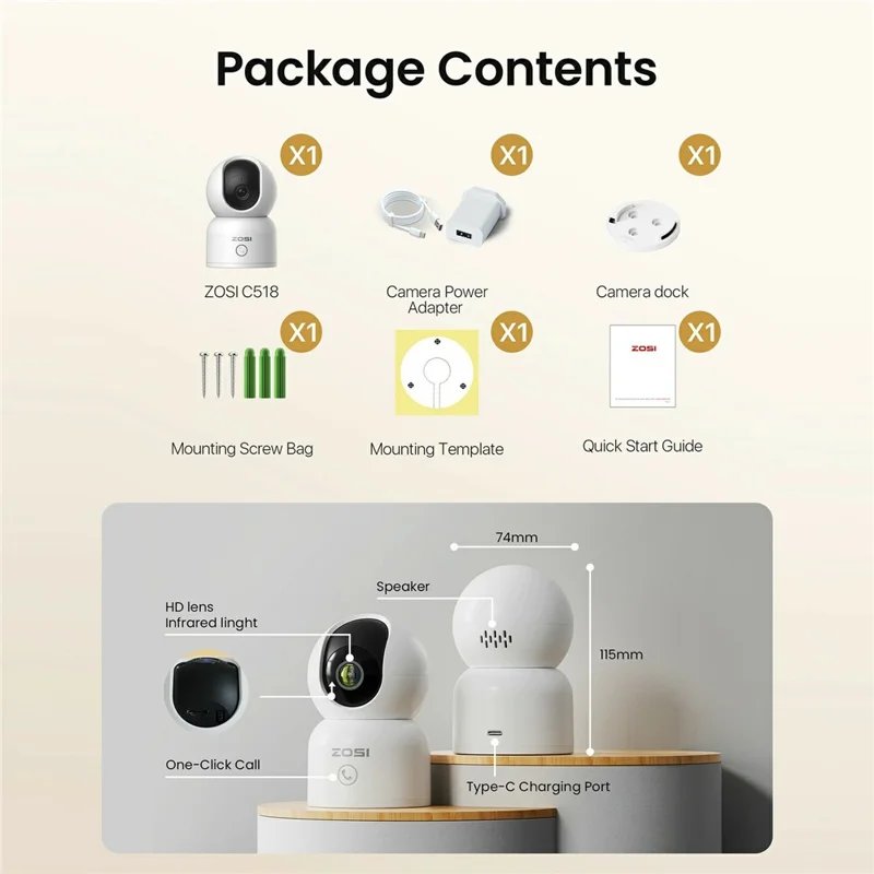 ZOSI C518 1080P Security Camera 2MP Indoor WiFi Pan Tilt AI Human Detection Auto Tracking Night Vision Two-Way Audio Safety Camera - White  /  EU Plug