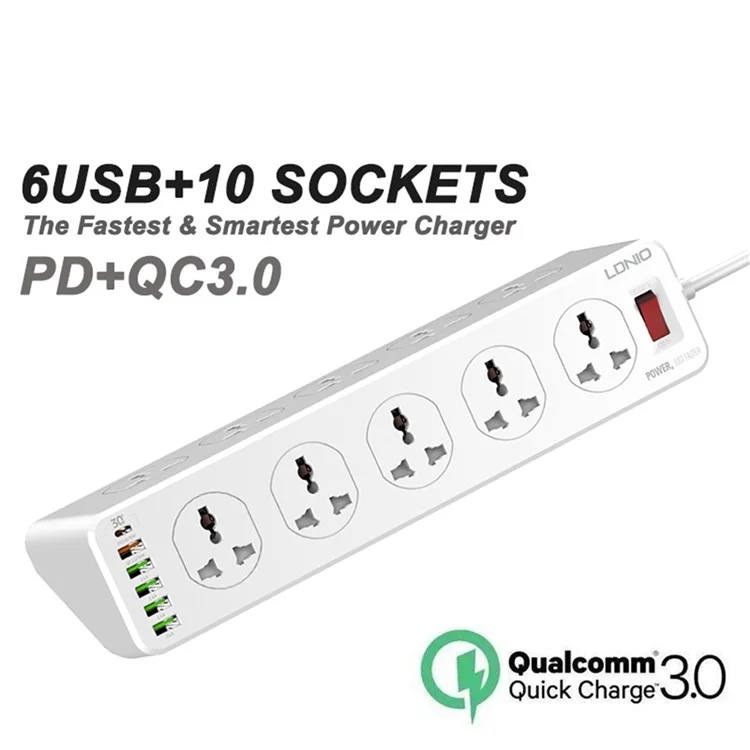 LDNIO SC10610 30W PD+QC3.0 Faixa de Energia 10 Vias e 5 Portas USB Porta de Carregamento Rápido Para o Soquete de Energia da Extensão do Iphone Para o Escritório em Casa - Plugue Nos Eua