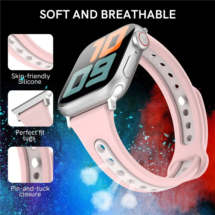 Bracelet AHASTYLE WA13 pour Apple Watch Série 10 46mm / Ultra 2 Ultra 49mm / Série 9 8 7 45mm / 6 5 4 SE (2023) SE (2022) SE 44mm / 3 2 1 42mm Dual Color Silicone - Rose
