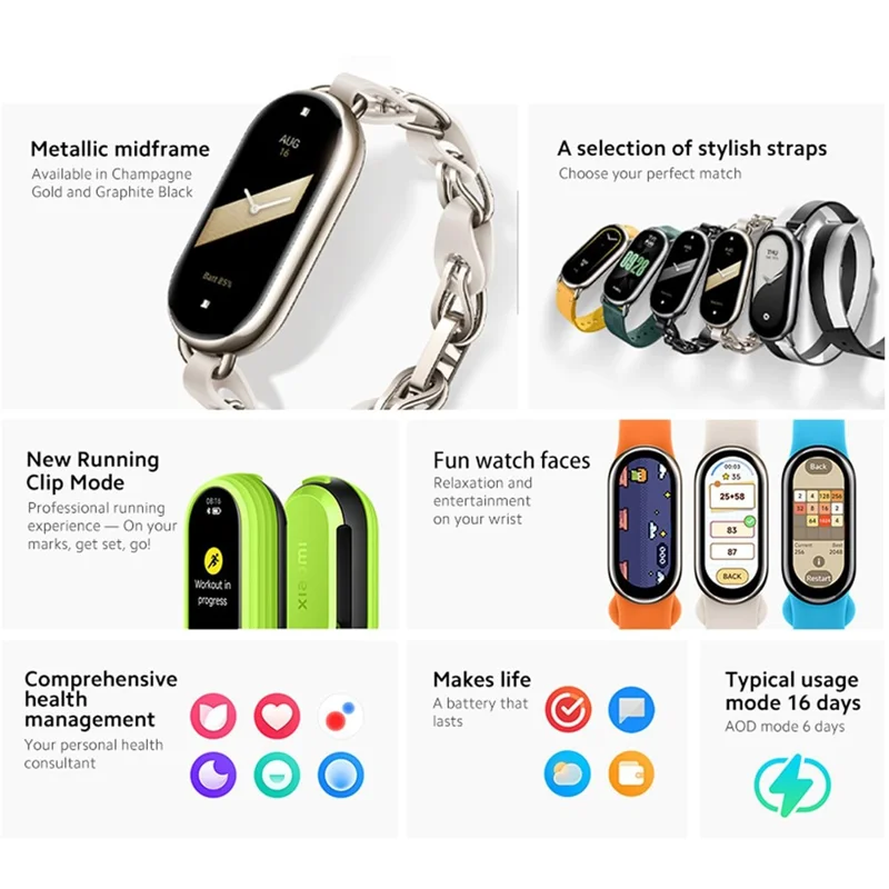 XIAOMI Smart Band 8 Version Mondiale, Écran AMOLED de 1,62" Montre Connectée Bluetooth Montre de Fitness - Noir