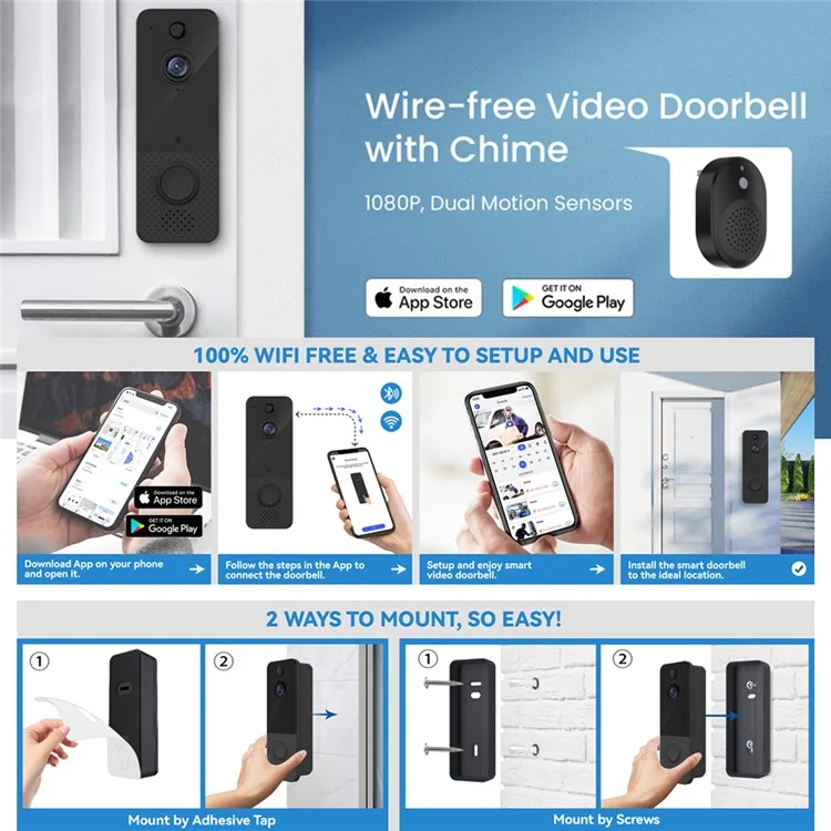 T8 WiFi Infrared Night Vision Door Bell Camera+Receiver+Battery+Charging Cable