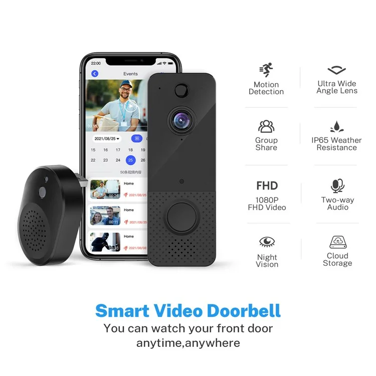 T8 WiFi Infrared Night Vision Door Bell Camera+Receiver+Battery+Charging Cable