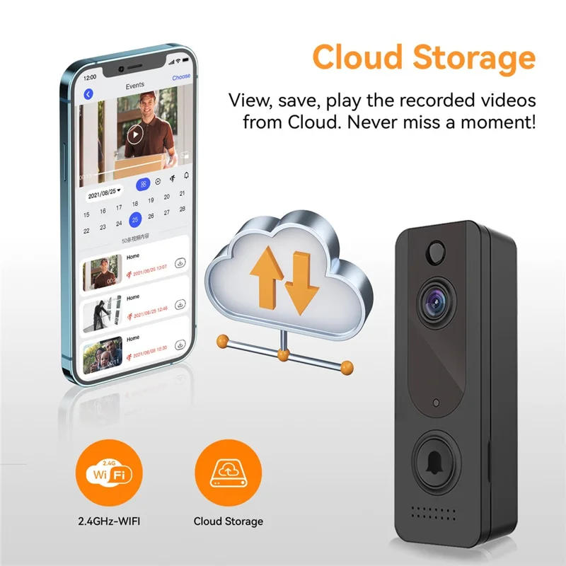 V8 Wireless Video Doorbell Camera with Receiver+Battery+Charging Cable - White