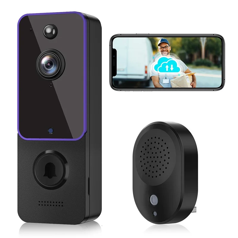 P8 Smart Night Vision WiFi Camera Door Bell+Receiver+Battery+Charging Cable - Purple