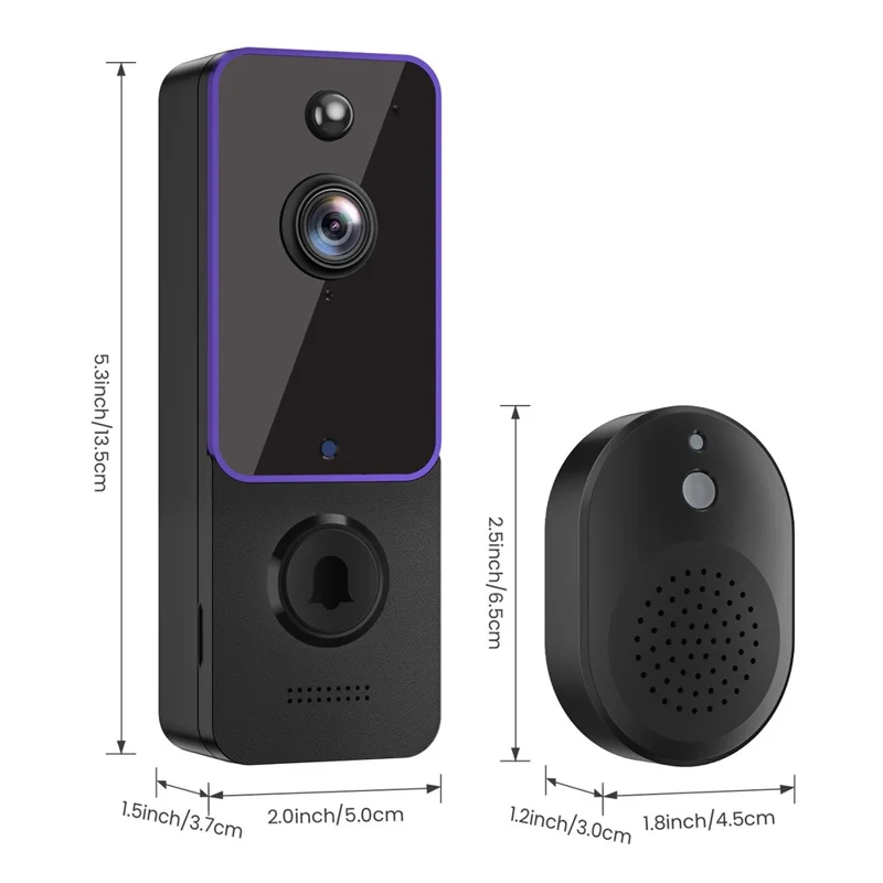 P8 Smart Night Vision WiFi Camera Door Bell+Receiver+Battery+Charging Cable - Purple