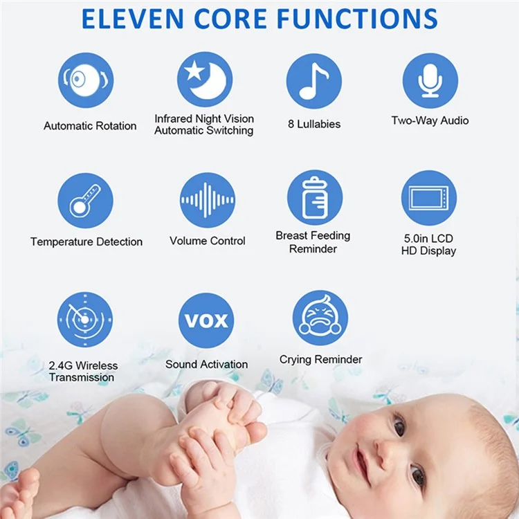 ABM501 5 Zoll Video-Babymonitor 2,4G Drahtlos Zwei-Wege-Audio Nachtsicht-Sicherheitskamera - US-Stecker