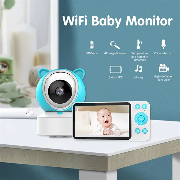C8 5.0-inch Tuya APP Remote WiFi Camera Cry Detection Wireless Baby Monitor - AU Plug