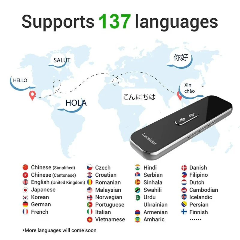 G6X Built-In 600mAh Battery Bluetooth-compatible 137 Languages Speech Translator for 8-Pin, Android - Black