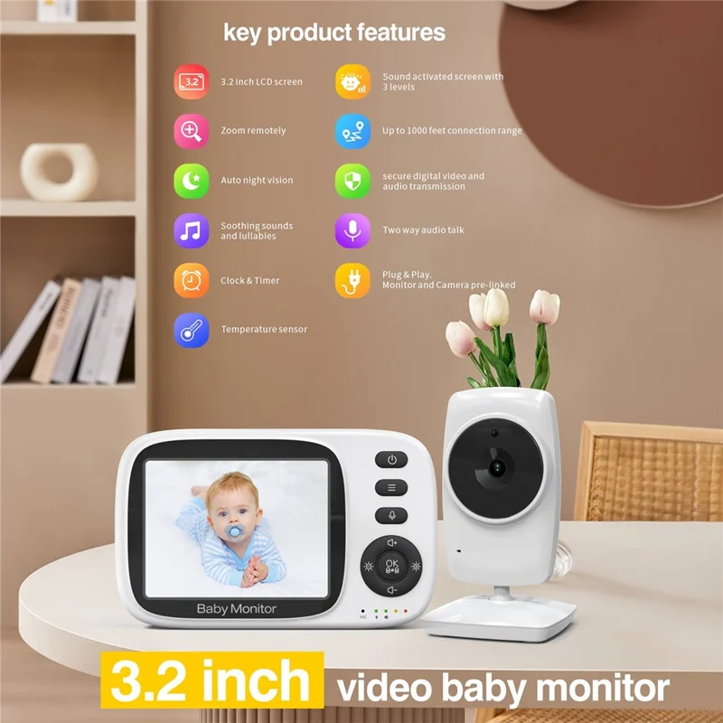 SM632 3.2 inch Wireless Baby Monitor Temperature Sensor 2X Zoom Baby Camera 2-Way Talk, 8 Lullabies - AU Plug