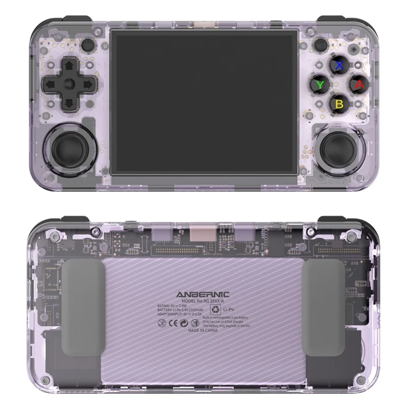 ANBERNIC RG35XX H 64GB+128GB Портативная игровая консоль с 3,5-дюймовым IPS-экраном, поддержка 10 000 игр (английская версия) - прозрачный фиолетовый