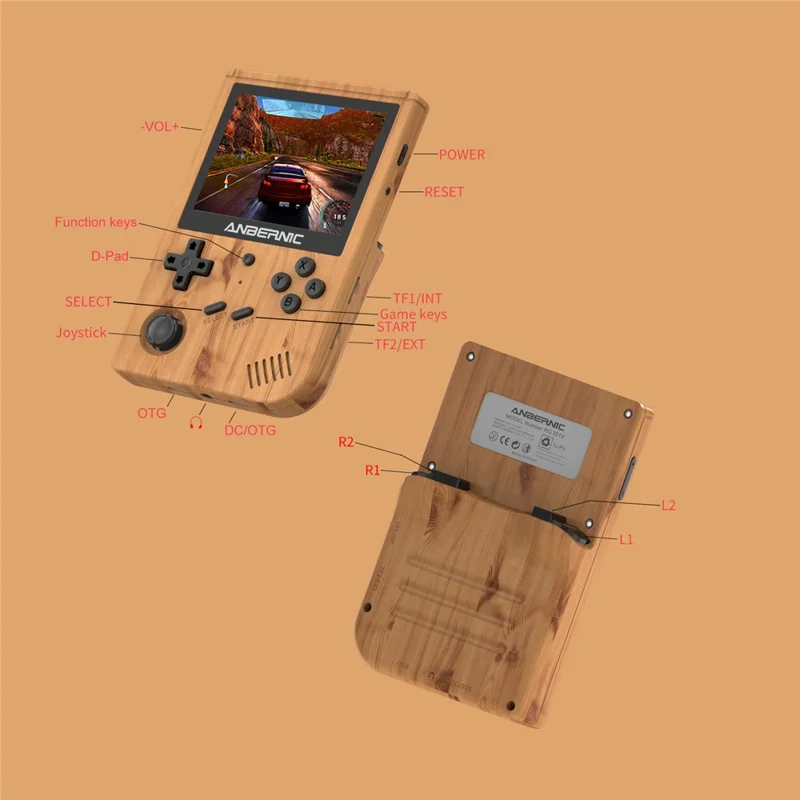 ANBERNIC RG351V Console Portatile da Gioco con Display da 3,5 pollici, Versione Aggiornata 16G+32G Precaricato con 3000 Giochi - Finitura in Legno