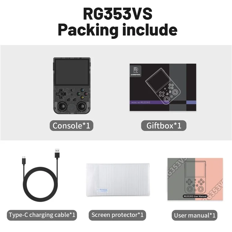 ANBERNIC RG353VS 16G (System Card) + 128GB (Memory Card) Portable Game Console, Single System, Built-In 10000+ Games - Transparent Black