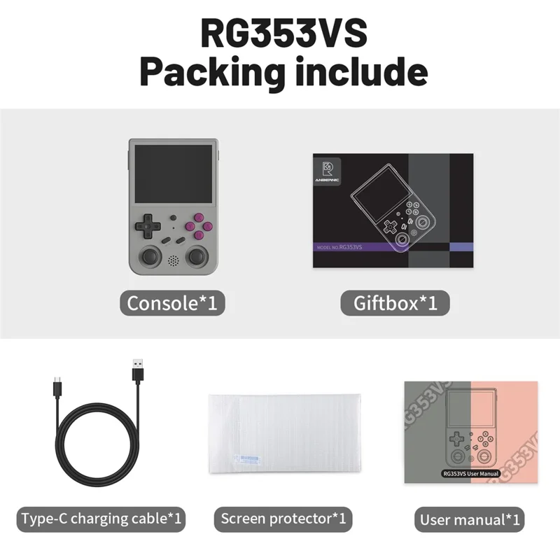 ANBERNIC RG353VS 16G (System Card) + 256GB (Memory Card) Pocket Game Console, Single System, Built-In 15000+ Games - Grey