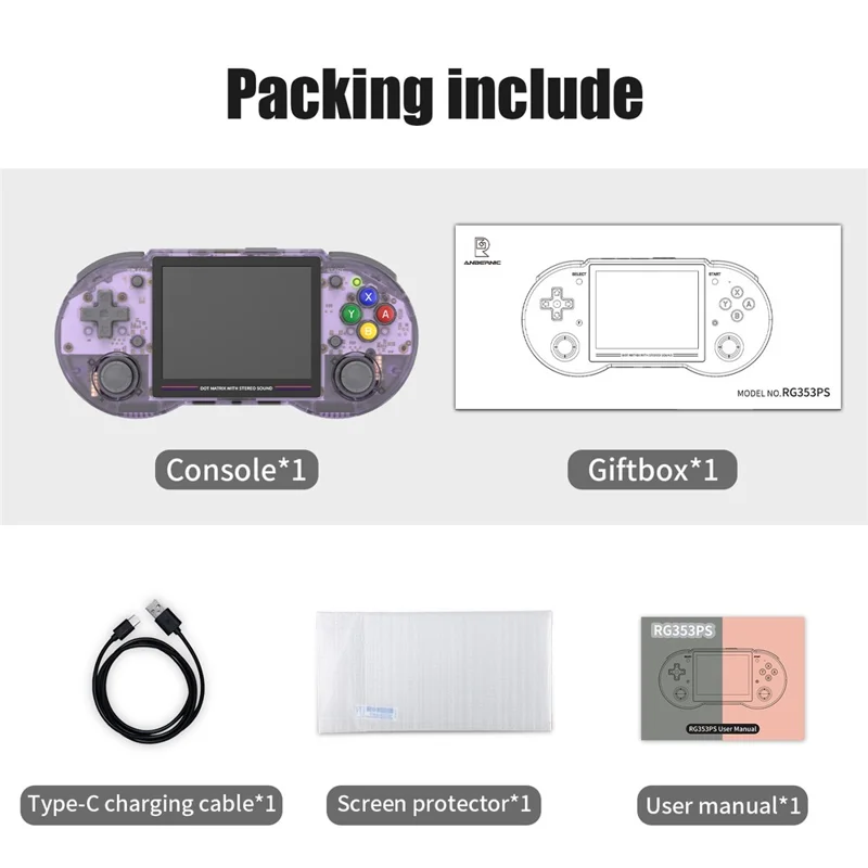 ANBERNIC RG353PS Retro Handheld Game Console 16GB 3.5-inch IPS Screen (English Version) - Transparent Purple