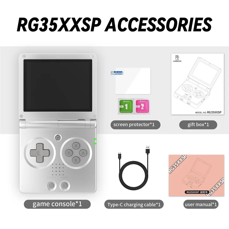 Console portatile pieghevole ANBERNIC RG35XXSP 64GB con supporto per oltre 5000 giochi e streaming (versione in inglese) - Argento