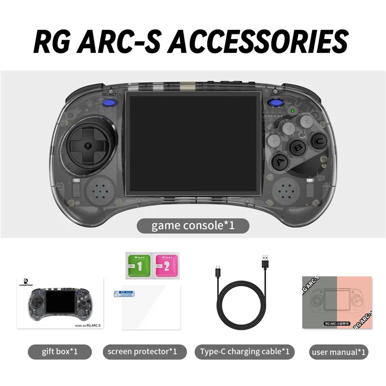 ANBERNIC RG ARC-S Handheld Game Console 128 Go 6 boutons Design Game Players (Version anglaise) - Noir transparent