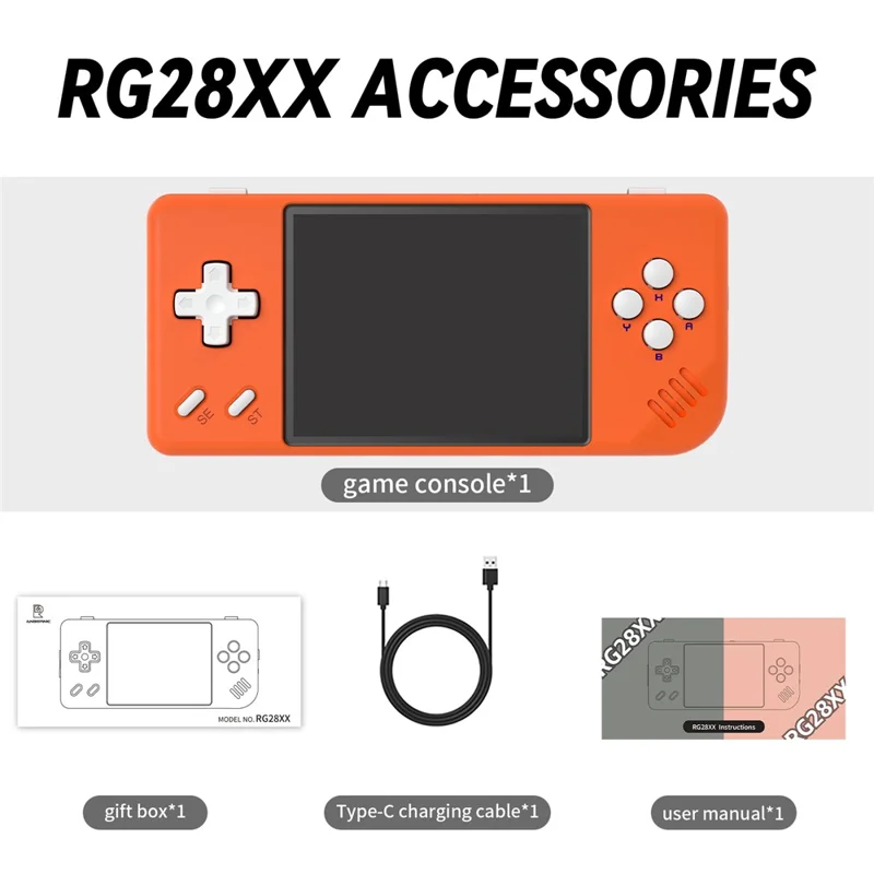 ANBERNIC RG28XX Video Game Console Portable 2.83-inch IPS Screen Game Machine, with 64G+128G TF Card - Orange