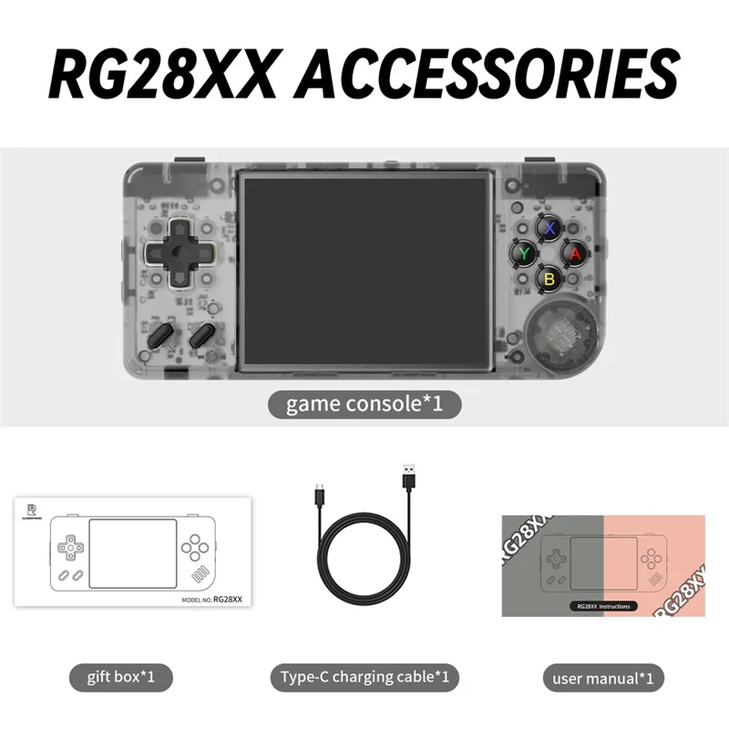ANBERNIC RG28XX Video Game Console Portable 2.83-inch IPS Screen Game Machine, with 64G+128G TF Card - Transparent Black