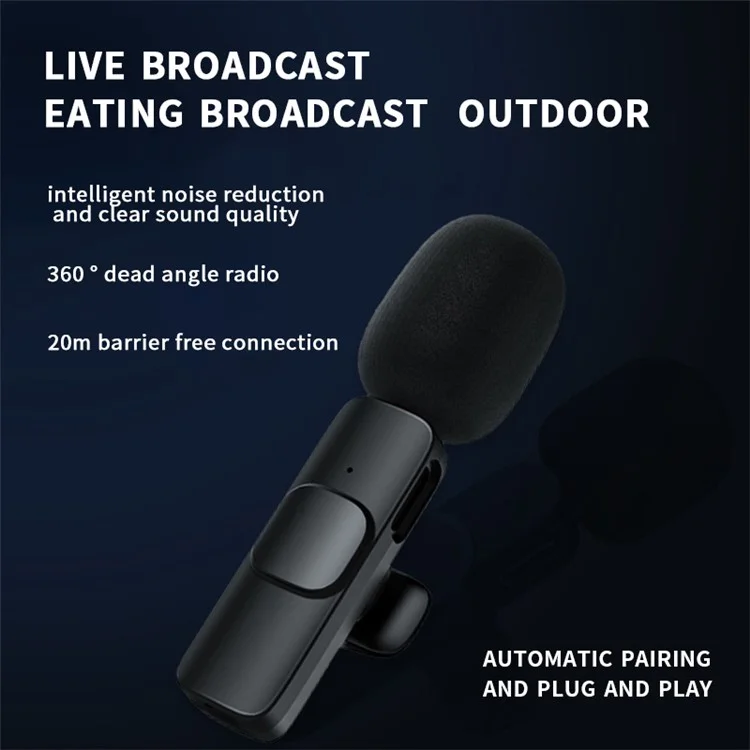 Micrófono inalámbrico de solapa K1 Live Broadcast con reducción de ruido 2, con receptor de tipo C