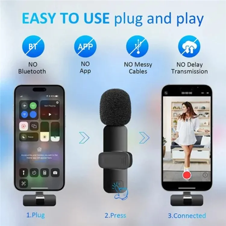 Micrófono inalámbrico de solapa K1 Live Broadcast con reducción de ruido 2, con receptor de tipo C