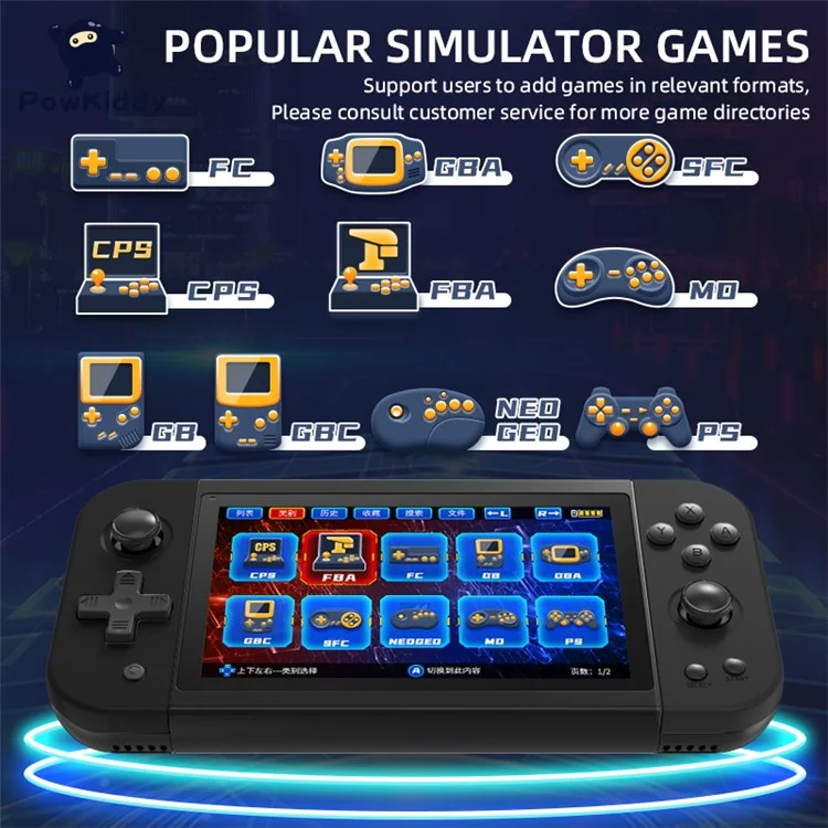 POWKIDDY x51 Handheld Game Console 5-inch IPS Screen Retro Arcade Gaming Console, 64G Memory Card - Fluorescent Yellow