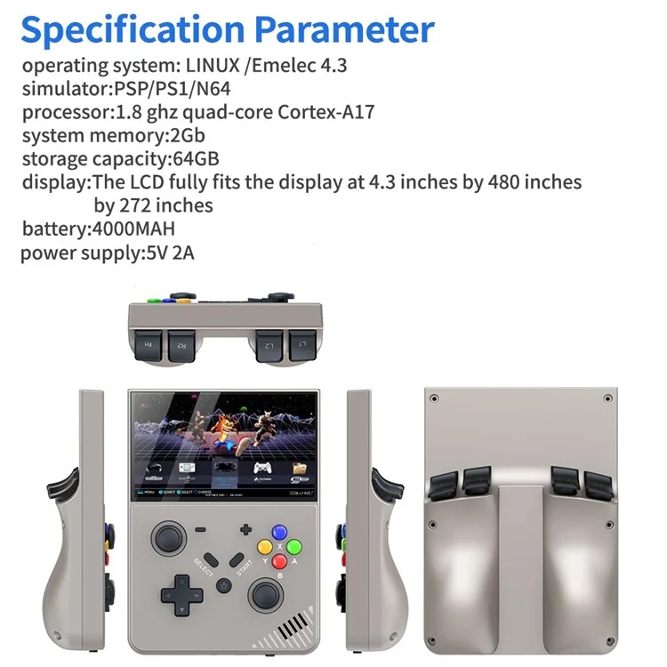 R43pro Built-In 20000 Games 4.3 Inch HD Screen 3D Rocker Handheld Arcade Game Console, with 64G TF Card - Grey