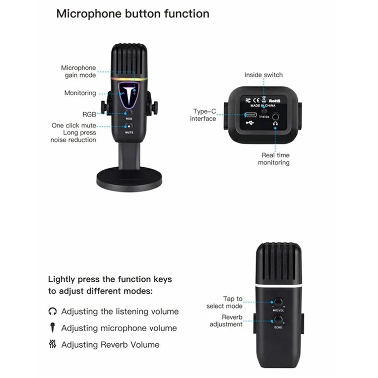Microphone de bureau plug and play PDO-30 à haute sensibilité pour e-sports et jeux, microphone à condensateur