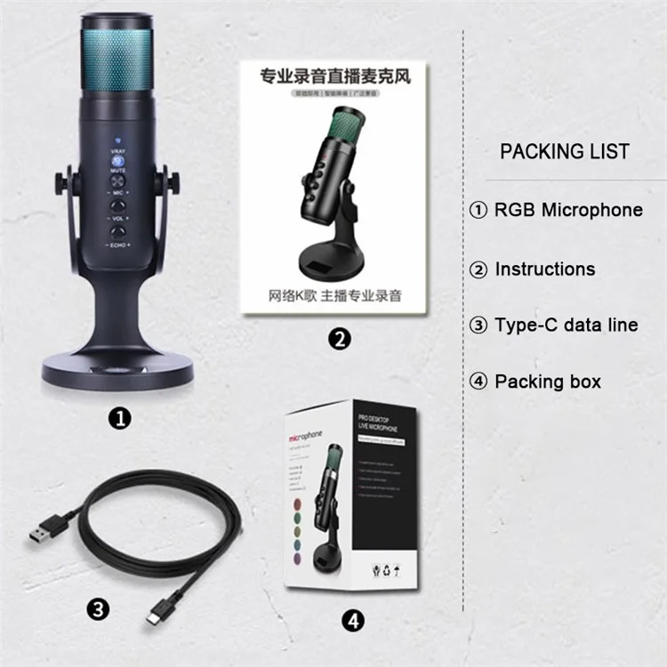 DLDZ JD-950 Gaming Live Streaming Condenser Microphone с RGB Dynamic Light 360 ° Mic Mic Type-C Для Windows Desktop PC Ноутбук