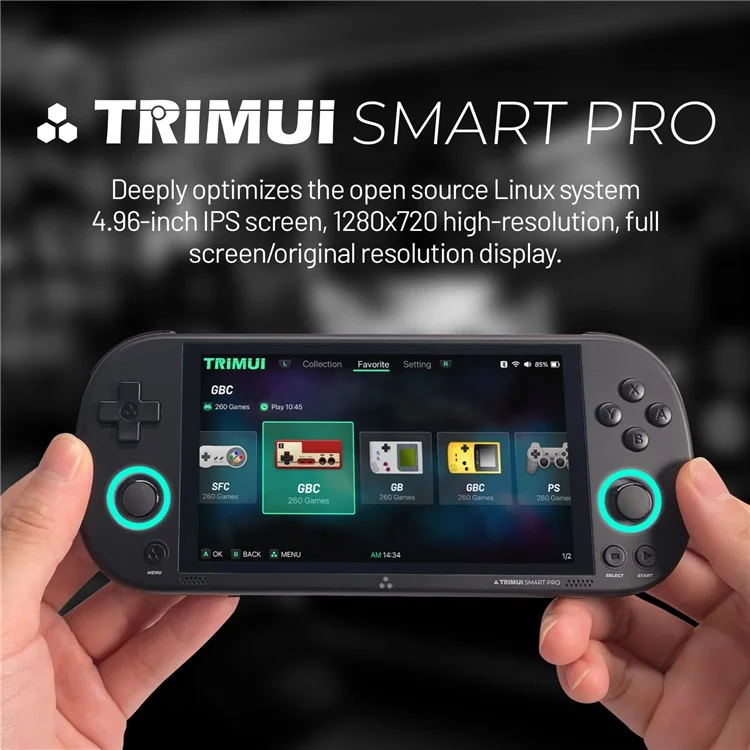 Consola de juegos portátil TRIMUI SMART PRO con pantalla IPS de 4,96 pulgadas, controlador de videojuegos retro (versión en inglés), con tarjeta TF de 128 GB - Negro