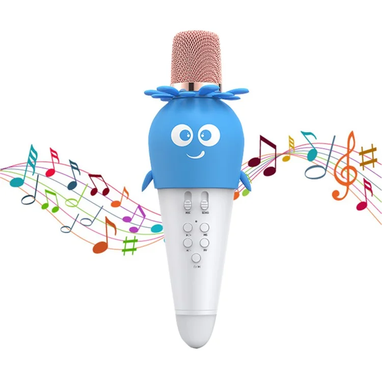 K5 Kids Bluetooth-compatible Microphone ABS+Silicone Carrot Shape Singing Mic, English Version - White+Blue
