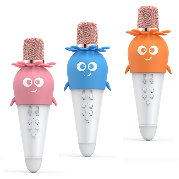 K5 Kids Bluetooth-compatible Microphone ABS+Silicone Carrot Shape Singing Mic, English Version - White+Blue