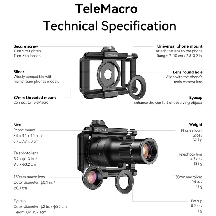 APEXEL APL-TM6 2-in-1 Teleobjektiv Makro-Objektiv mit 6-facher Vergrößerung für Smartphones