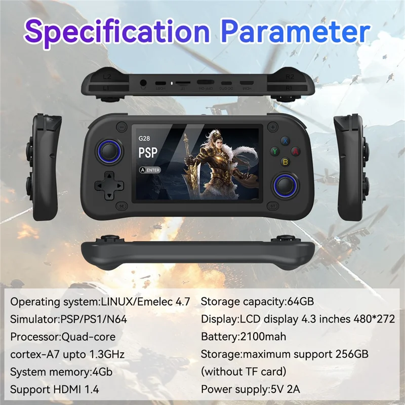 G28 64G Handheld Game Console 4.3 Inch HD IPS Screen Retro Arcade Game Device - Black