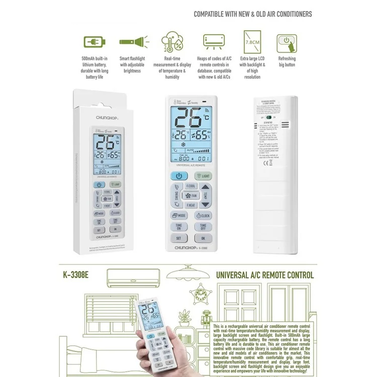 CHUNGHOP K-3308E Rechargeable Universal Air Conditioner Remote Control with Temperature / Humidity Display