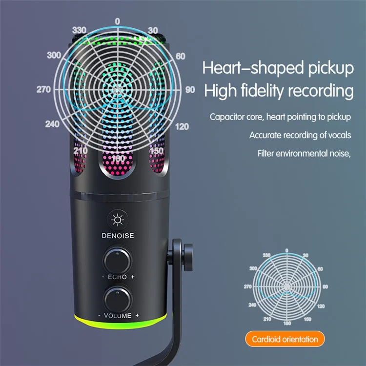Micrófono de Escritorio SU8 con Luz Ambiental RGB para Streaming en Directo / Grabación / Reducción de Ruido para Gaming