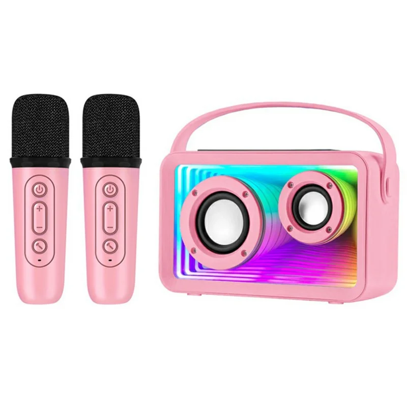 Y15 RGB Lighting Outdoor Mini Bluetooth-compatible Karaoke Speaker with 2 Microphones - Pink