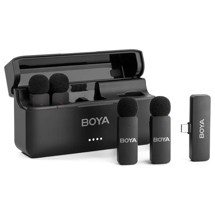 Système de microphone-cravate sans fil BOYA BY-V4U à 4 canaux avec boîtier de charge pour smartphones iPhone 15 / 16 Series à port USB-C