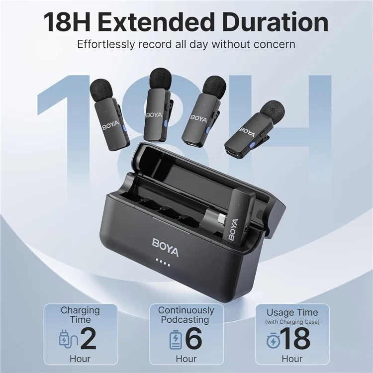 Système de microphone-cravate sans fil BOYA BY-V4U à 4 canaux avec boîtier de charge pour smartphones iPhone 15 / 16 Series à port USB-C