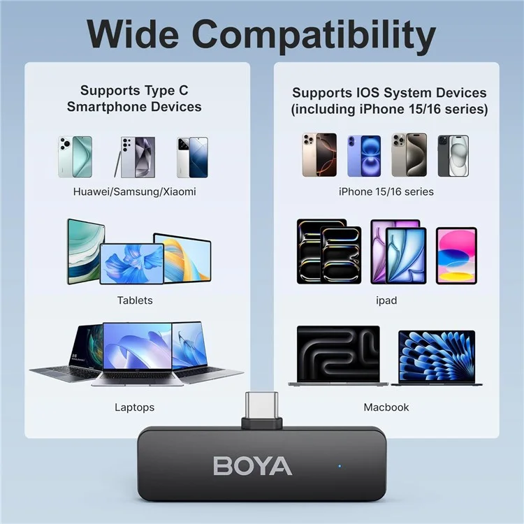 Système de microphone-cravate sans fil BOYA BY-V4U à 4 canaux avec boîtier de charge pour smartphones iPhone 15 / 16 Series à port USB-C