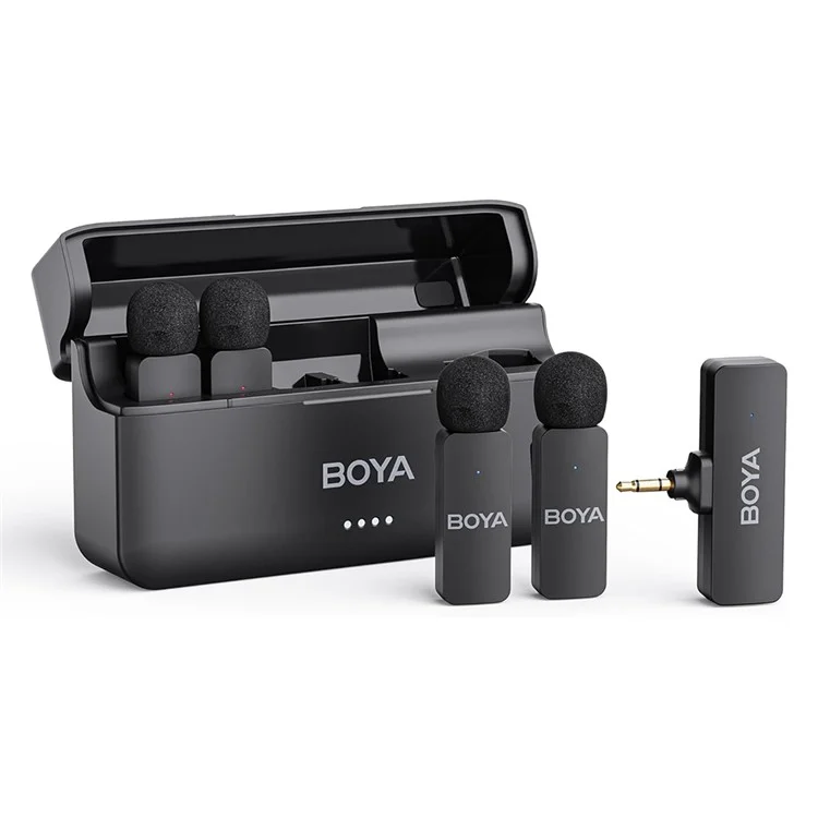 Système de microphone-cravate sans fil BOYA BY-V4 à 4 canaux avec réduction de bruit et boîtier de charge pour caméra DSLR, streaming en direct et vlog