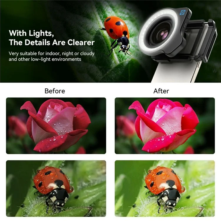 APEXEL APL-ZM100FL26 Professionelles Zoom-Makro-Objektiv mit Ringlicht für Insekten- / Blumenfotografie Smartphone HD-Makro