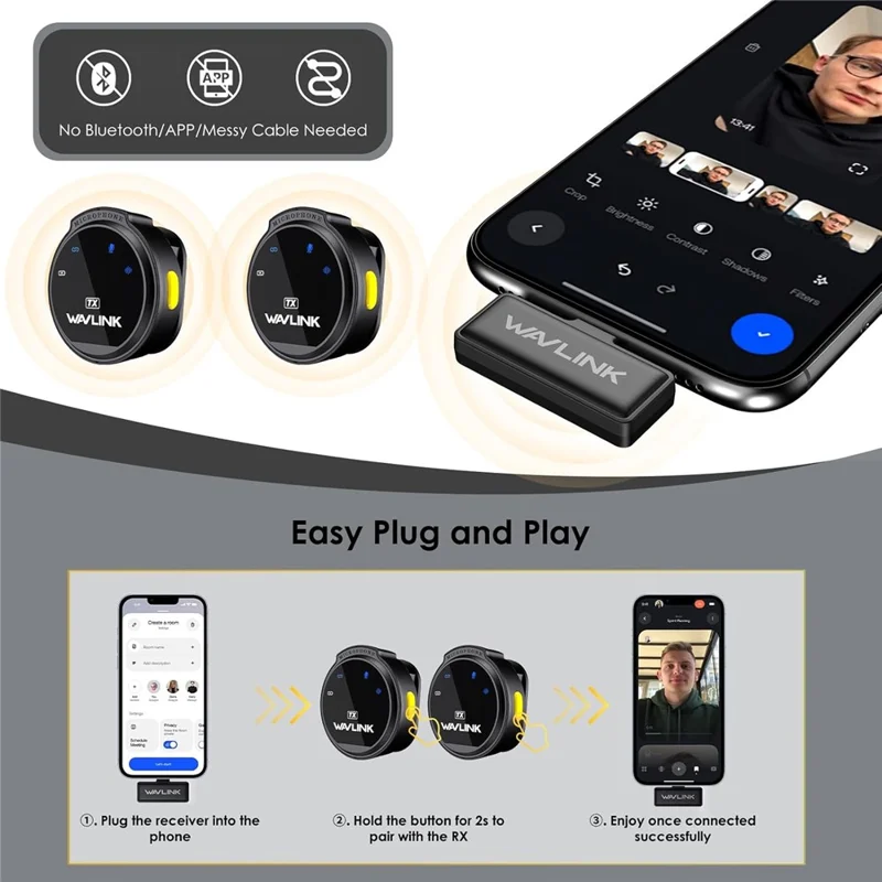 WAVLINK 608C Pour iPhone / iPad Microphone Lavalier sans fil à Double Clip avec Récepteur pour Enregistrement Vidéo