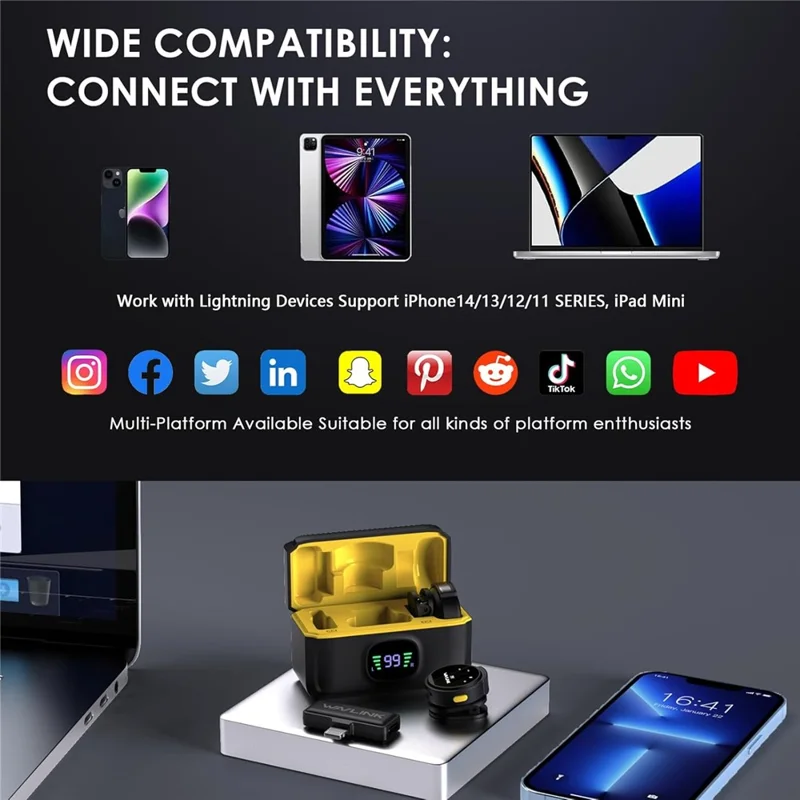 WAVLINK 608C Pour iPhone / iPad Microphone Lavalier sans fil à Double Clip avec Récepteur pour Enregistrement Vidéo
