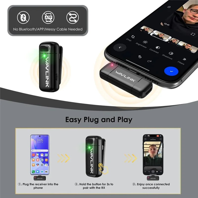 WAVLINK WS-WAJ606C1 Wireless Lavalier Microphone for iPhone 16 - 12 Vlog Recording Noise Reduction Mic