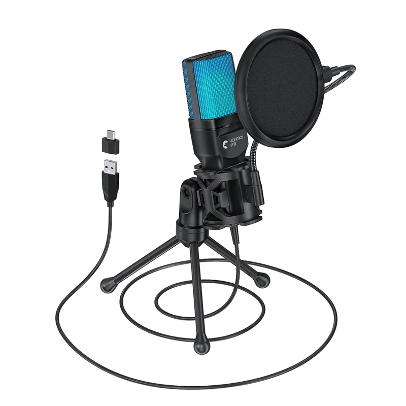 YANMAI SF-777R Microfone de Jogos para Computador USB Condensador com Luz RGB de Mesa