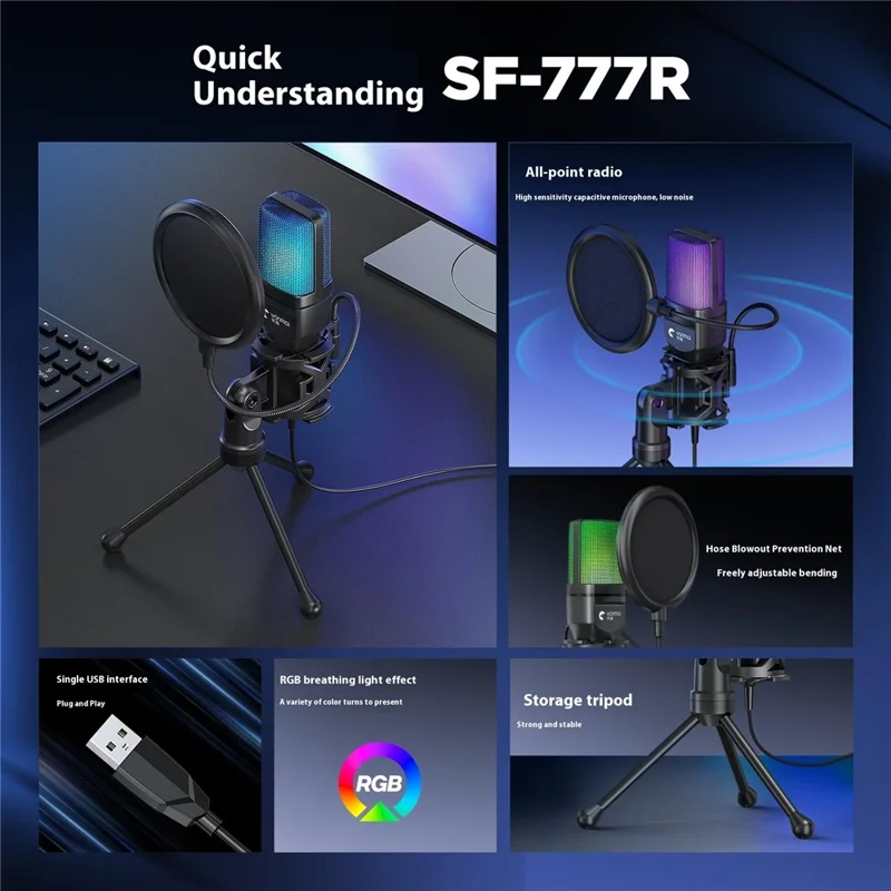 YANMAI SF-777R Microfone de Jogos para Computador USB Condensador com Luz RGB de Mesa