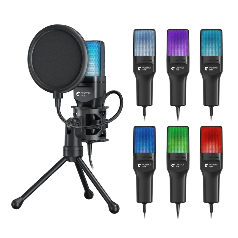 YANMAI SF-777R Microfone de Jogos para Computador USB Condensador com Luz RGB de Mesa